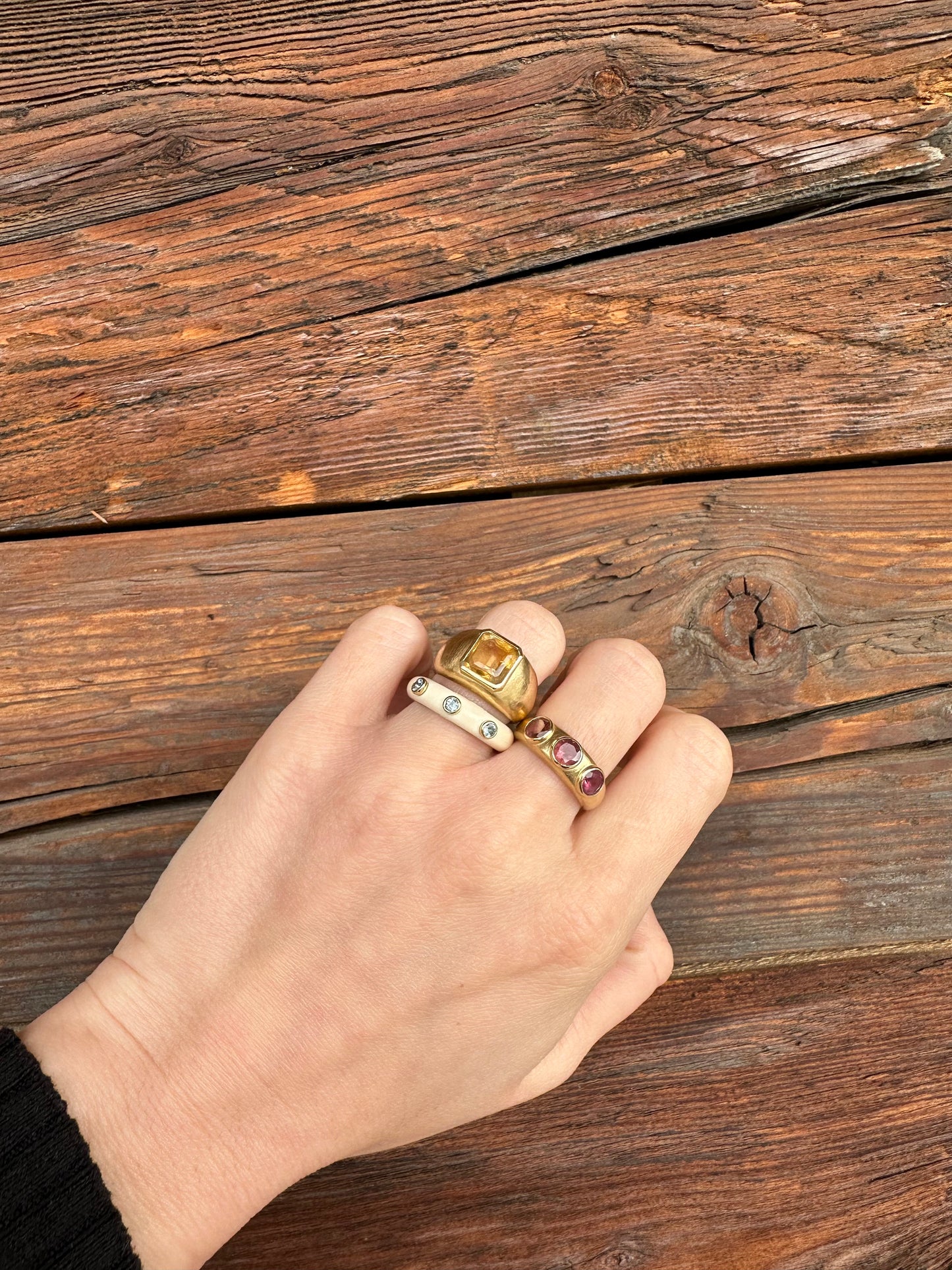 Kaja Erika Jorgensen 18k gold Rings, Uno Ring in combination with Wooly Ring and Octo Ring